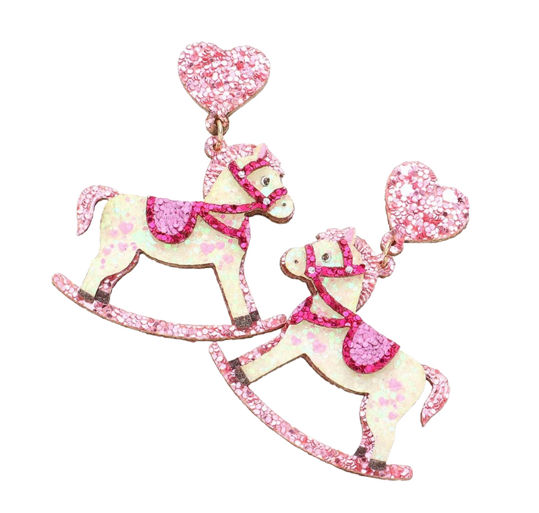 Carousel Dreams Glittered Heart Rocking Horse Dangle Earrings - Pink