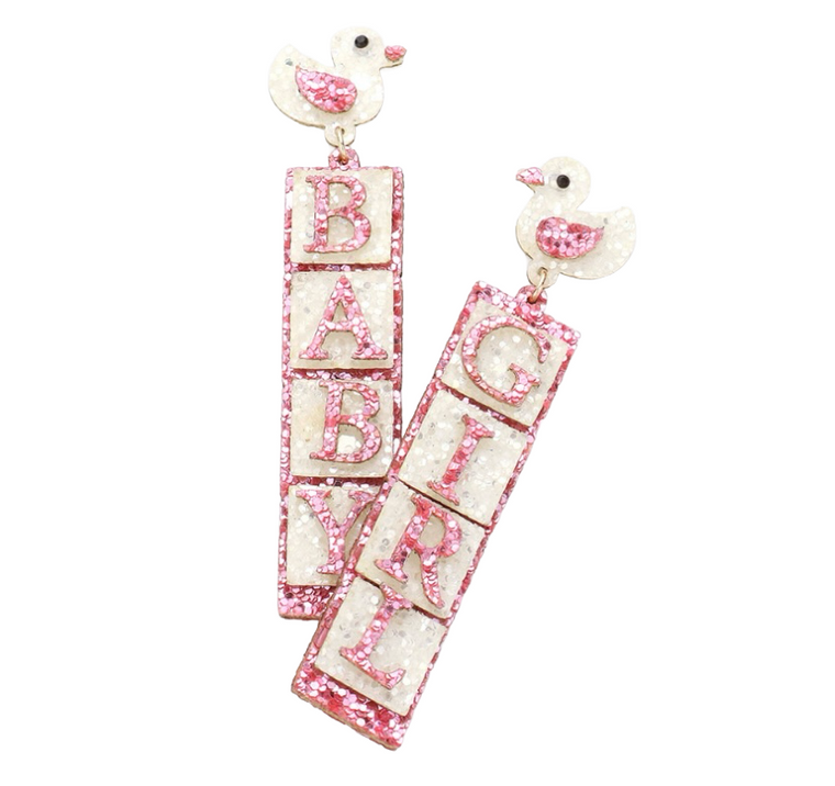 Glitter Chick Baby Girl Love Message Dangle Earrings - Pink