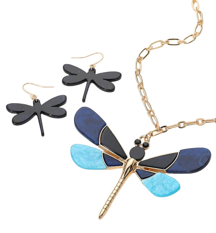 Magic Flight Glittered Resin Dragonfly Necklace - Blue