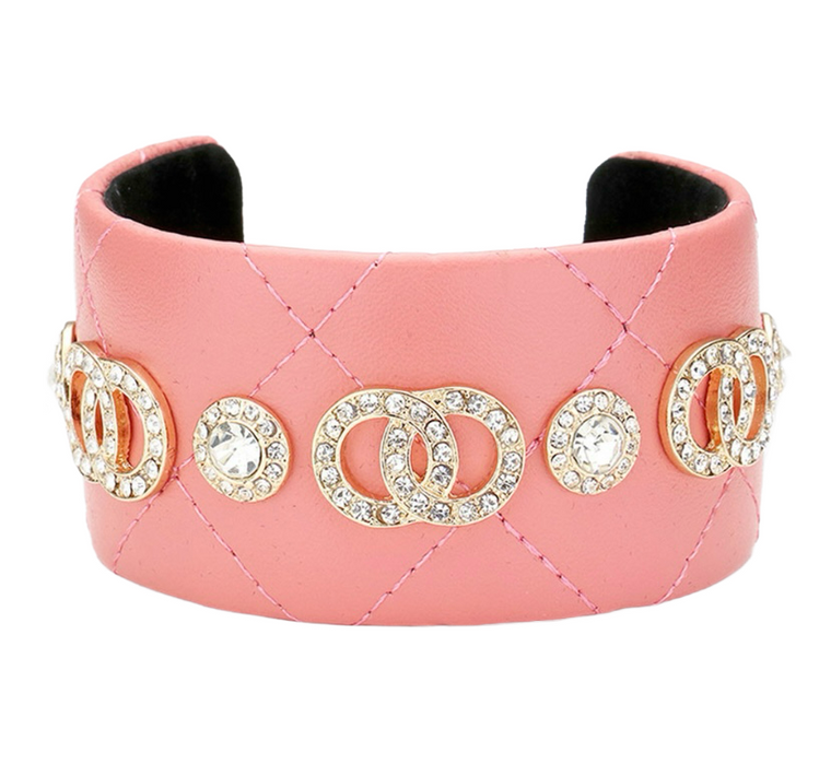 Bling Loop Rhinestone Embellished Double Circle Link Cuff Bracelet - Pink