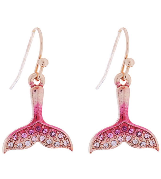 Ocean Spark Stone Paved Colored Metal Mermaid Tale Earrings - Pink