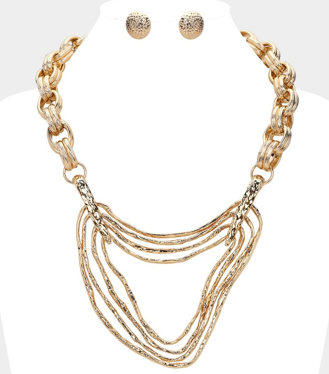 Modern Alloy Textured Metal Geometric Layered Chunky Industrial Chain Necklace - Gold