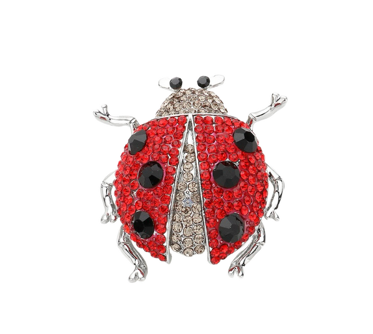 Lucky Lady Stone Embellished Ladybug Brooch - Red/Silver
