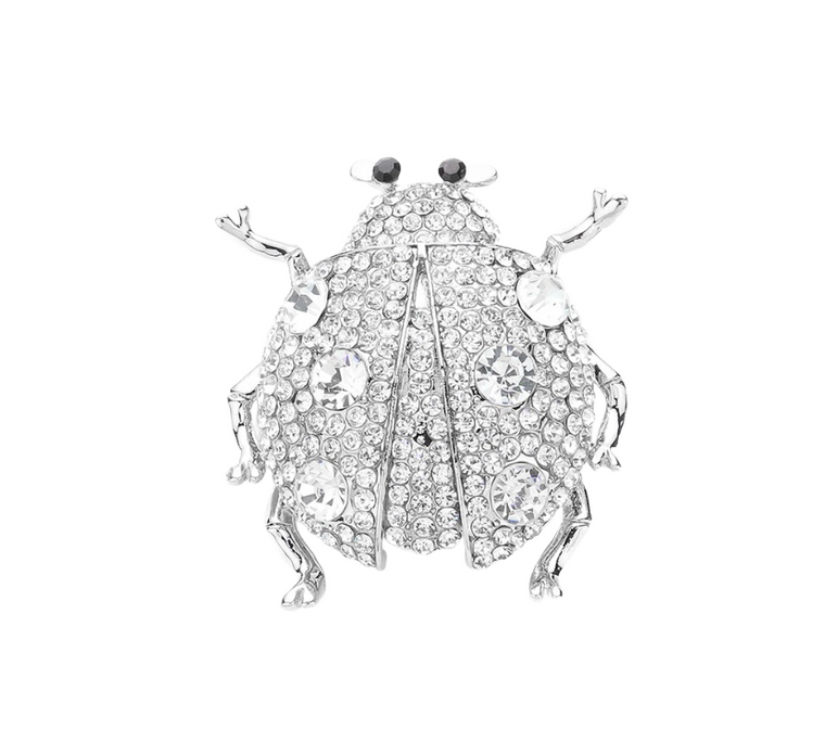 Lucky Lady Stone Embellished Ladybug Brooch - Silver