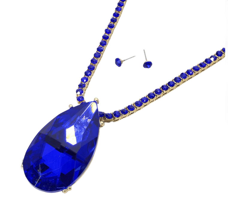 Bling Majesty Oversize Teardrop Glass Stone Bling Studded Chain Necklace - Sapphire