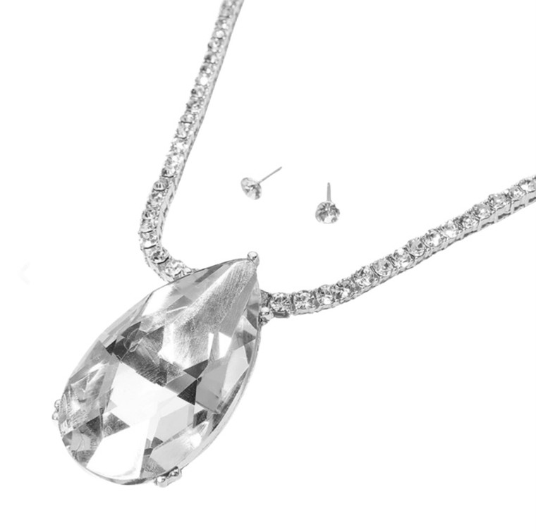 Bling Majesty Oversize Teardrop Glass Stone Bling Studded Chain Necklace - Silver
