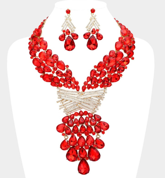 Starry Night Teardrop Round Stone Embellished Necklace - Red