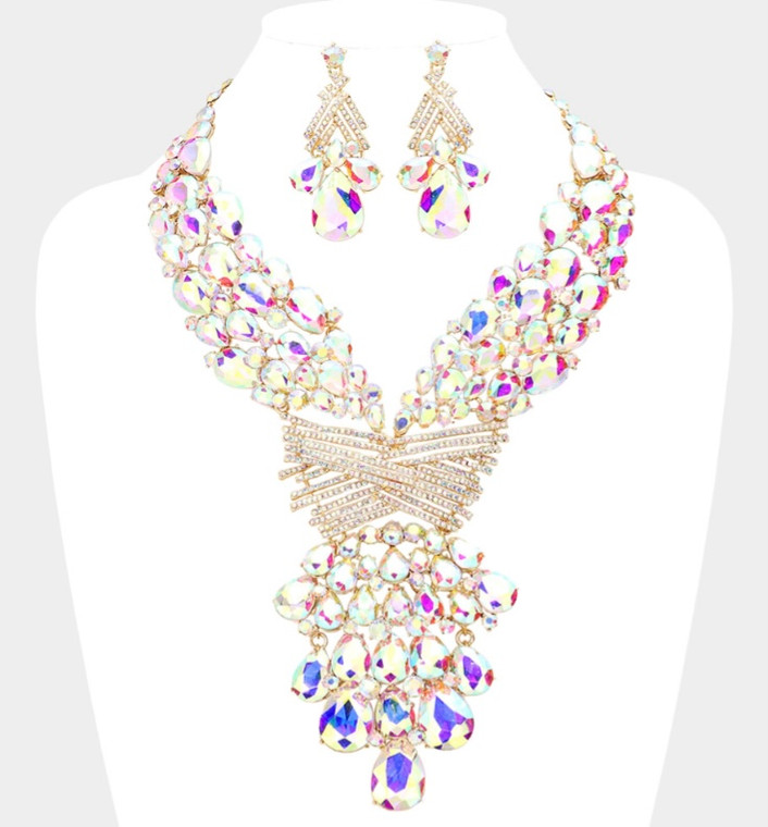 Starry Night Teardrop Round Stone Embellished Necklace - AB Gold