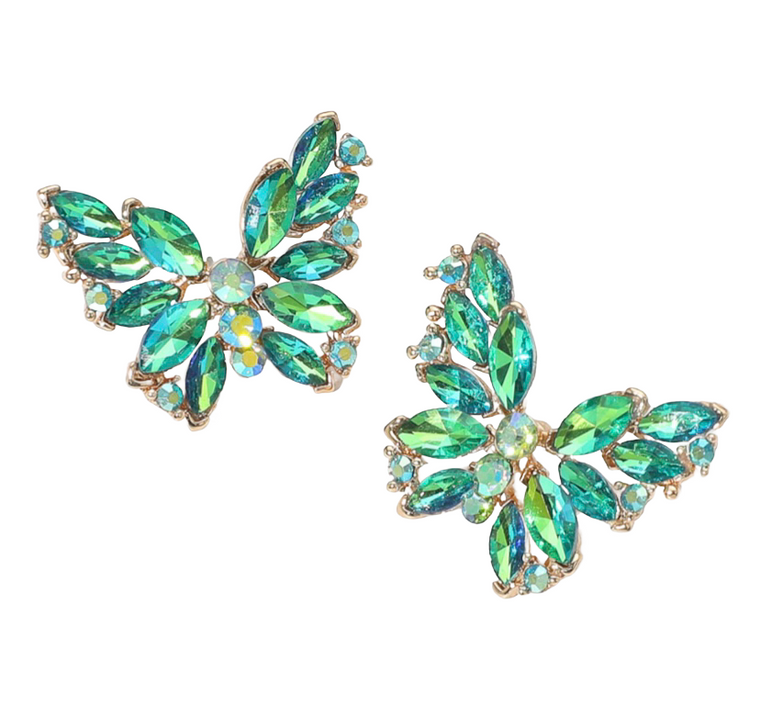 Shimmerfly Round Marquise Stone Cluster Butterfly Earrings - AB Olive Green