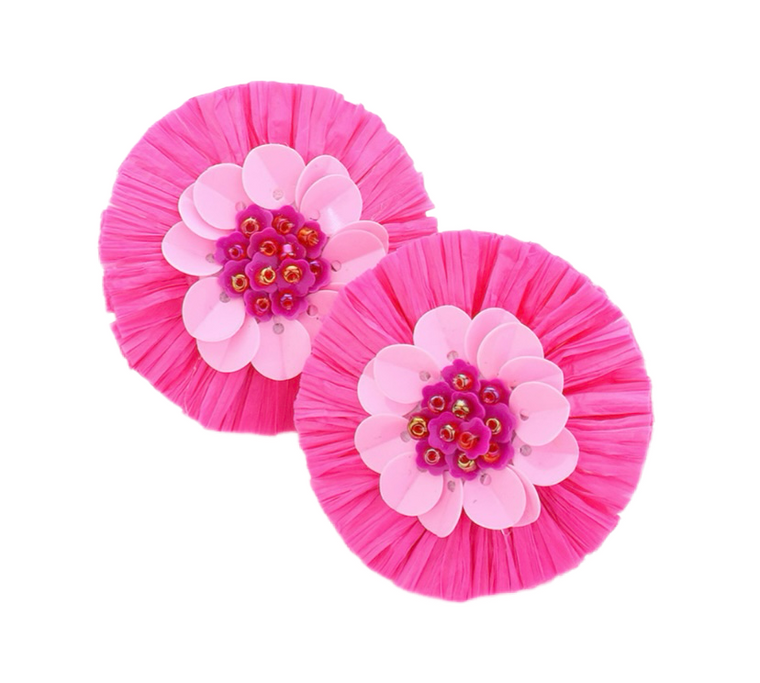 Paradise Flower Seed Beaded Sequin Pointed Raffia Flower Earrings - Fuchsia