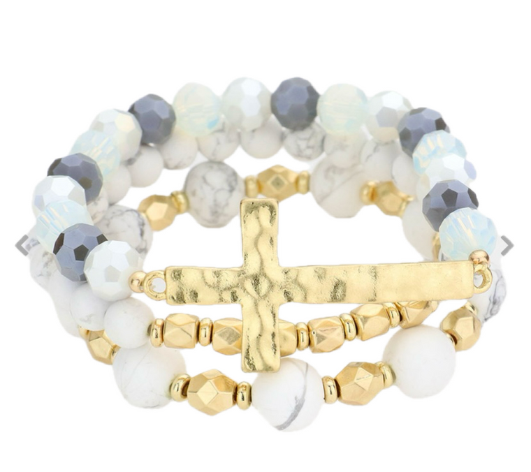 Blessed Balance 3 PCS Hammered Metal Cross Layered Bracelet - White/Gold