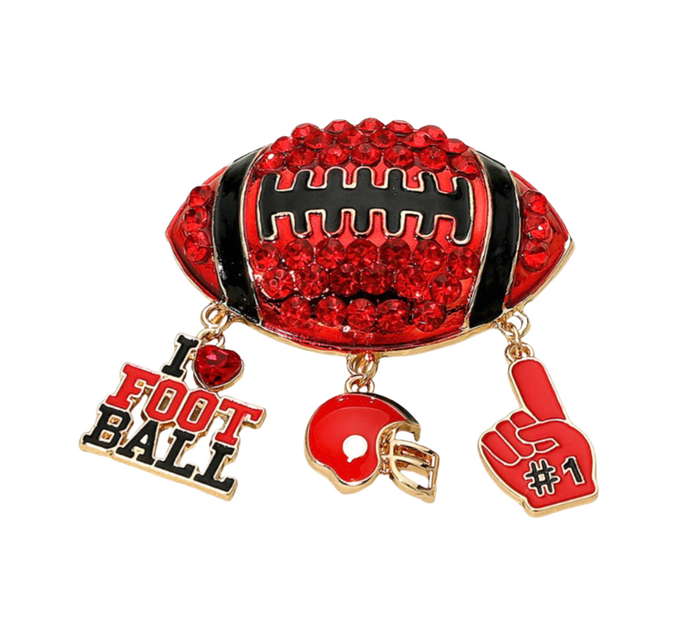 Touchdown Bling Studded Football Brooch - Red