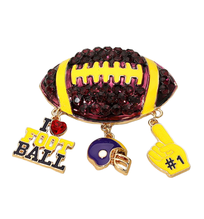 Touchdown Bling Studded Football Brooch - Purple/Yellow