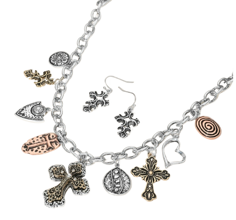 Blessed Light Religious Charm Station Necklace - Three Tone