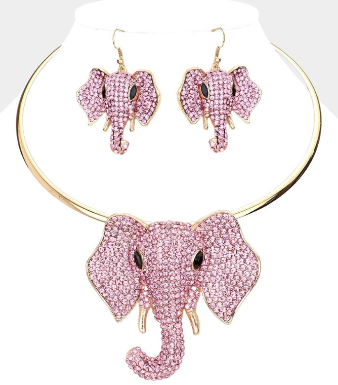 Lucky Harmony Rhinestone Pave Elephant Choker Necklace - Pink