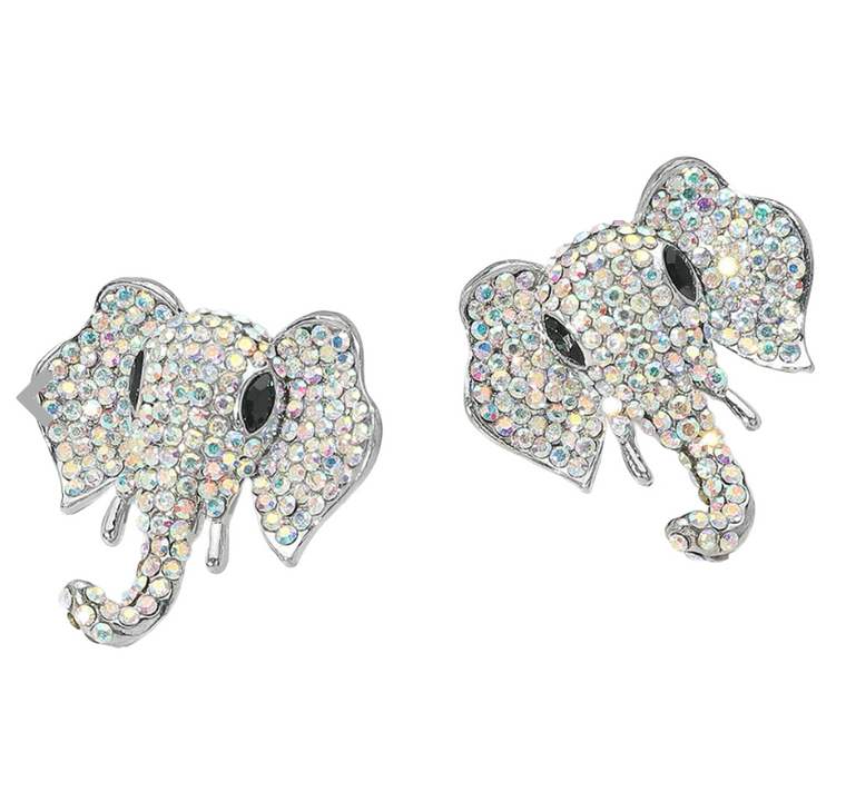 Spirit Glow Stone Embellished Elephant Earrings - AB Silver