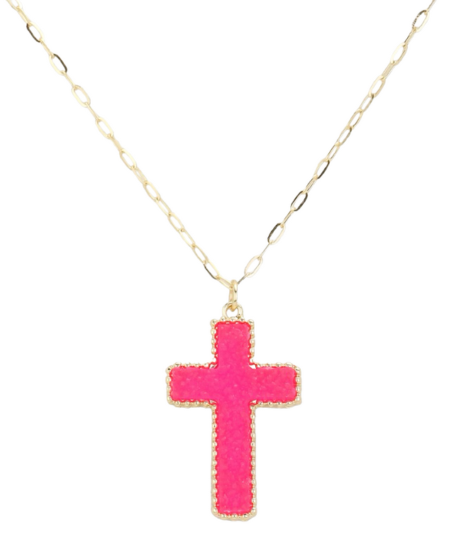 Heavenly Druzy Cross Pendant Necklace - Neon Fuchsia
