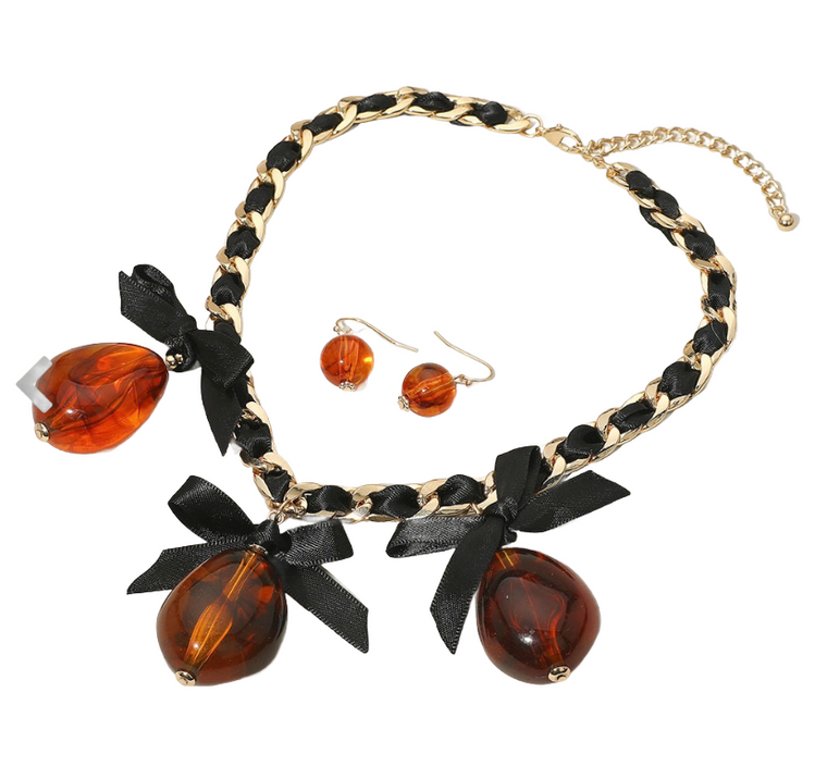 Braided Glam Bow Resin Charm Braided Station Strap Necklace - Black/Gold