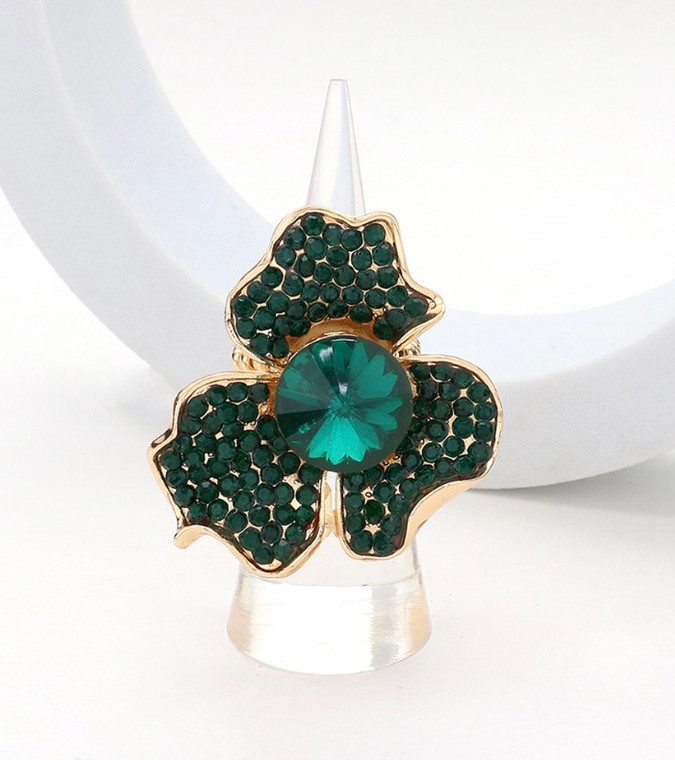 Petal Sparkle Round Stone Rhinestone Paved Flower Stretch Ring - Emerald