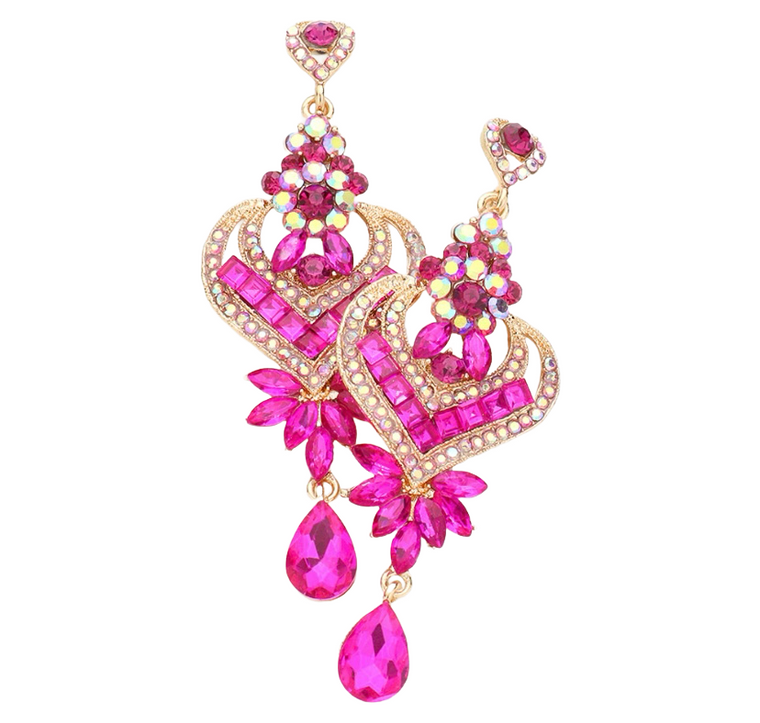 Empress Glass Crystal Heart Teardrop Earrings - Fuchsia
