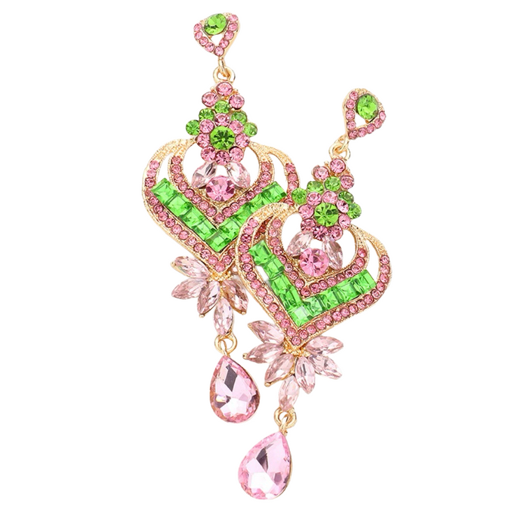 Empress Glass Crystal Heart Teardrop Earrings - Pink/Green