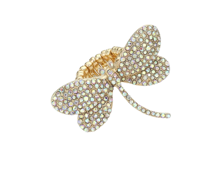 Sophia Rhinestone Paved Dragonfly Stretch Ring - AB Gold