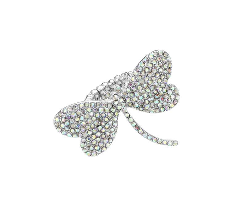 Sophia Rhinestone Paved Dragonfly Stretch Ring - AB Silver