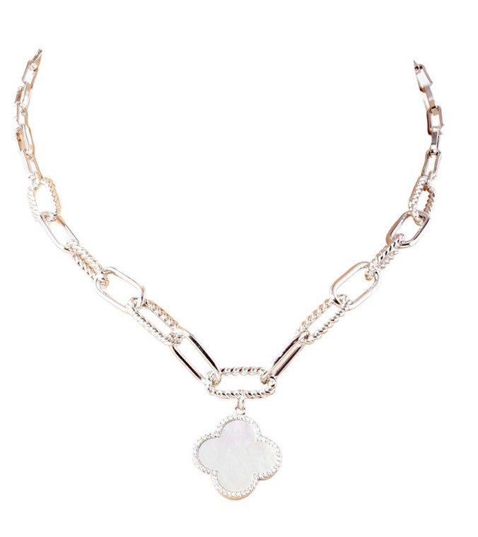 Modern Clover  White Gold Dipped Quatrefoil Pendant Paperclip Necklace - Rhodium