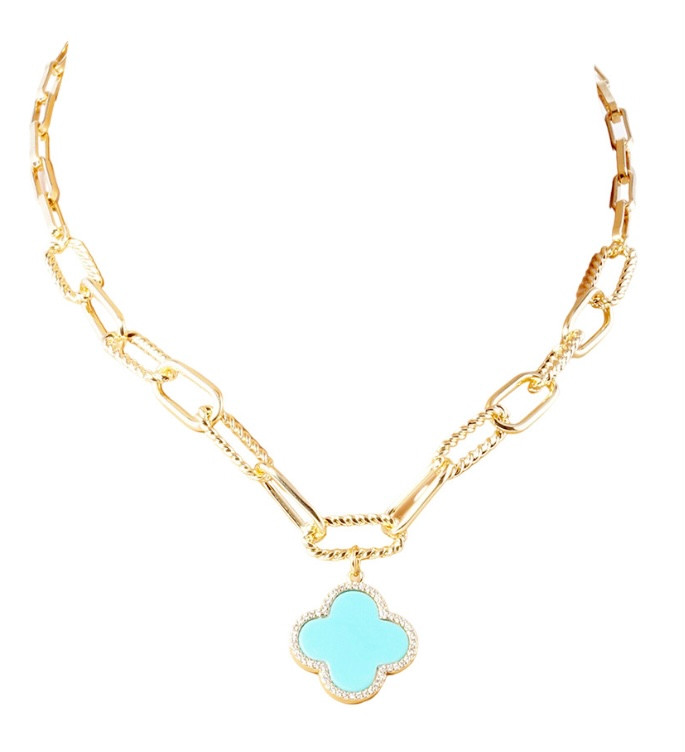 Modern Clover  White Gold Dipped Quatrefoil Pendant Paperclip Necklace - Turquoise