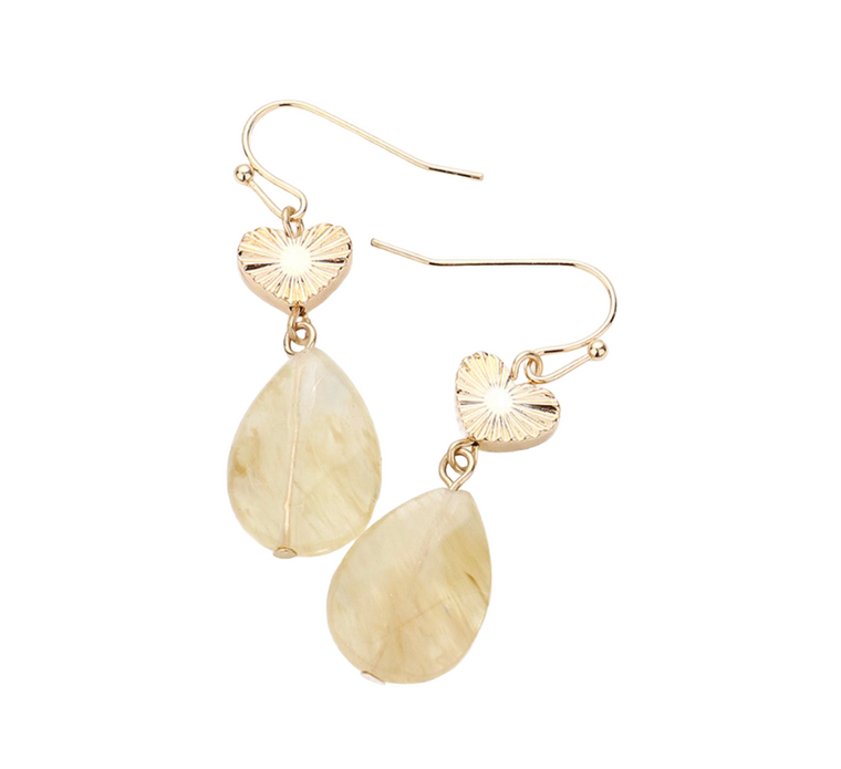 Heartful Natural Metal Heart Teardrop Stone Link Earrings - Neutral