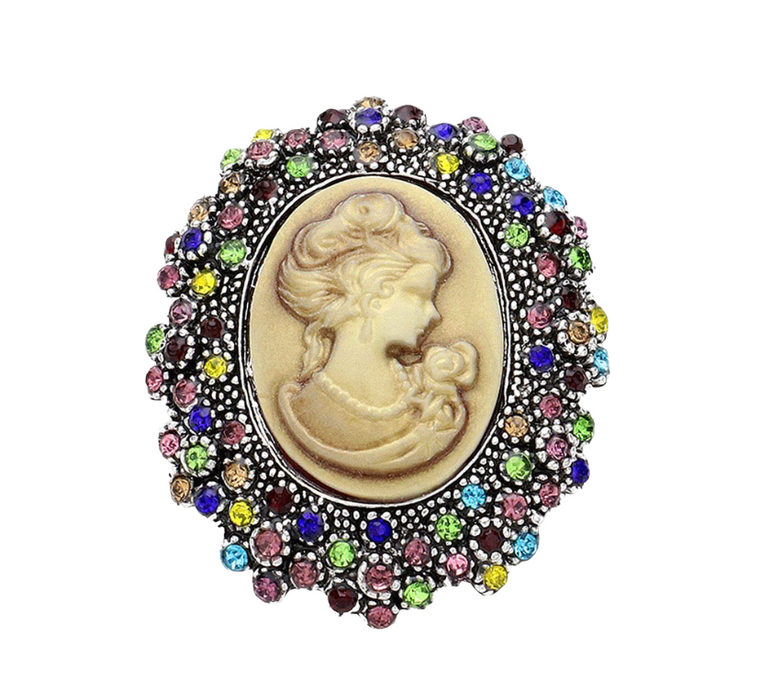 Victorian Sparkle Rhinestone Paved Embellished Cameo Brooch - Multi