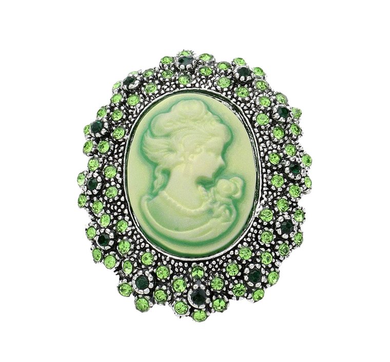 Victorian Sparkle Rhinestone Paved Embellished Cameo Brooch - Green