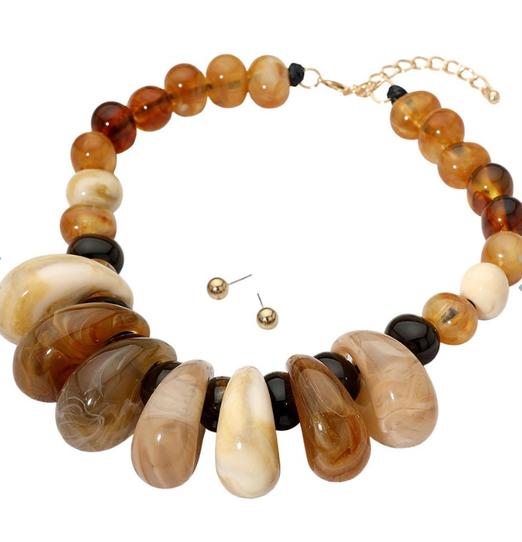 Opal Cascade Chunky Marbled Pebble Beaded Necklace - Brown