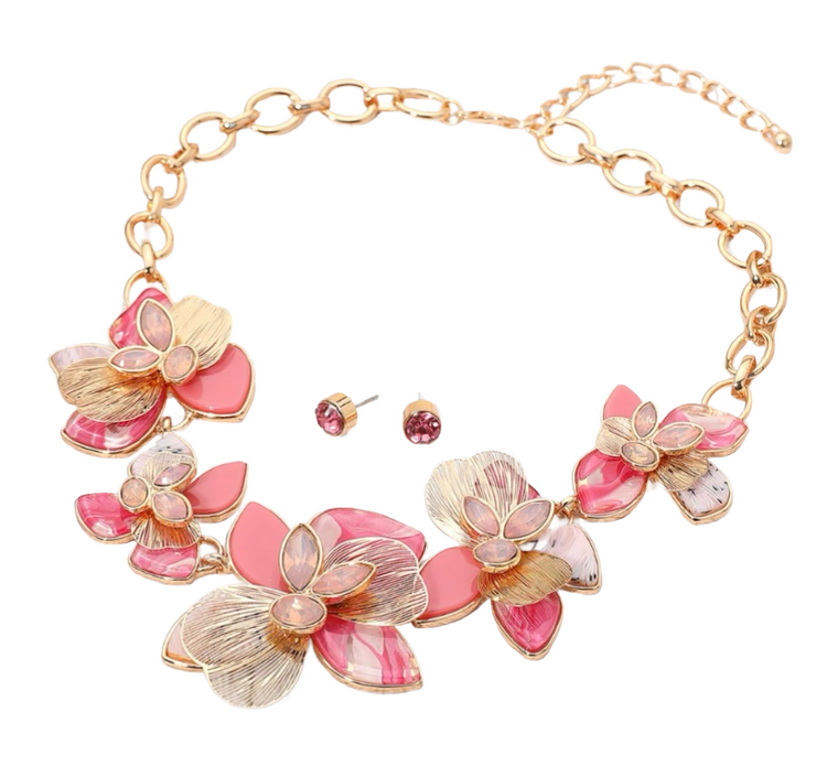 Petal Fusion Stone Accent Resin Metal Floral Link Necklace - Pink