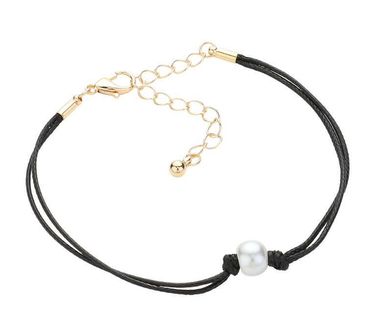 Linea Pearl Pointed Wax Rope Bracelet - Black