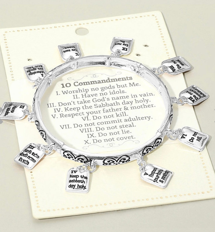 Spiritual Statement Ten Commandments Message Charm Station Stretch Bracelets - Antique Silver