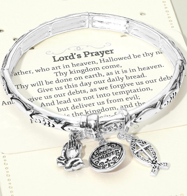 Faithful Words Lords Prayer Message Religious Charms Stretch Bracelet - Antique Silver