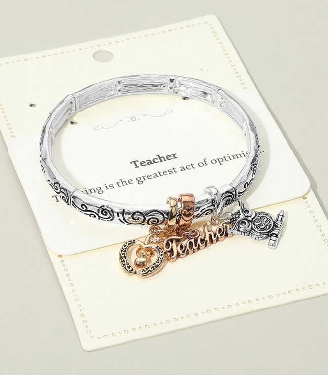Love Inspired Teacher Message Owl Apple Charm Stretch Bracelet - Three Tone