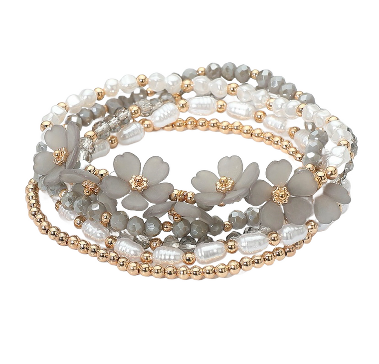 Garden Glow 5 PCS Floral Pearl Faceted Beaded Stretch Multi Layer Bracelet - Gray