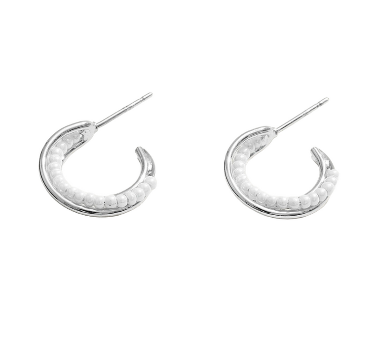 Solace 14K Silver Dipped Pearl Beads Small Hoop Earrings - Silver