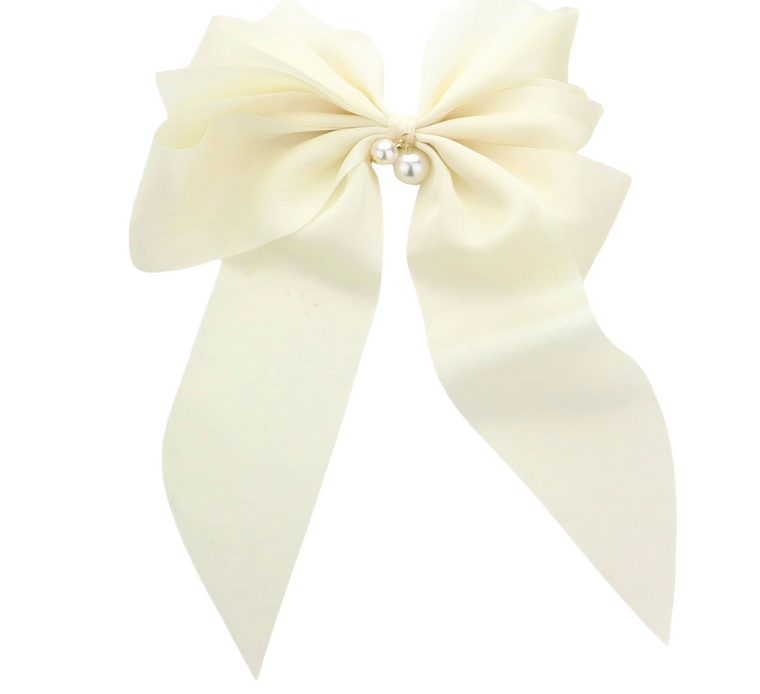 The Olivia Oversized Pearl Dangle Bow Barrette - Cream