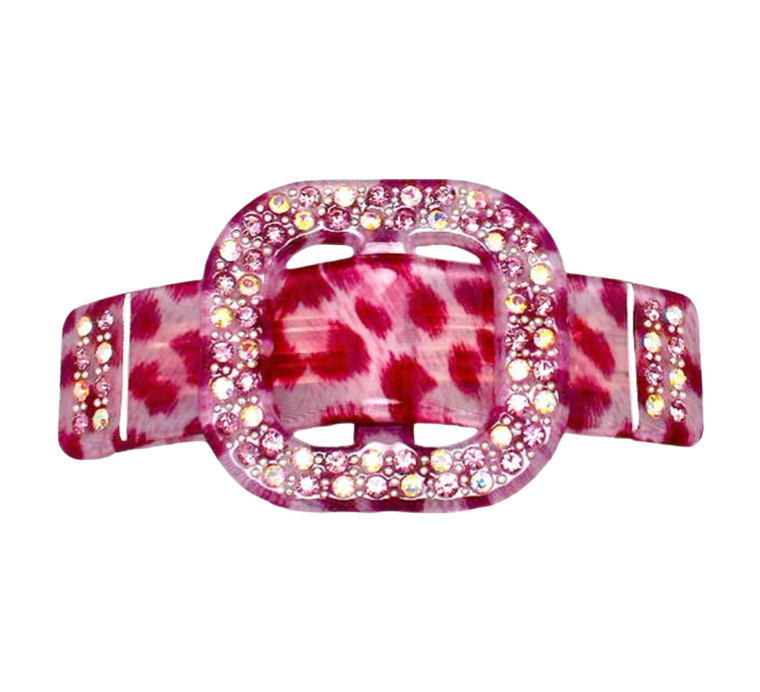 Bling Safari Rhinestone Buckle Leopard Print Barrette - AB/Pink