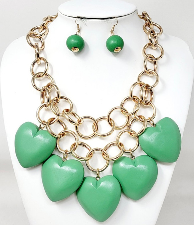 Wildwood Layered Chunky Wooden Heart Charm Necklace - Green