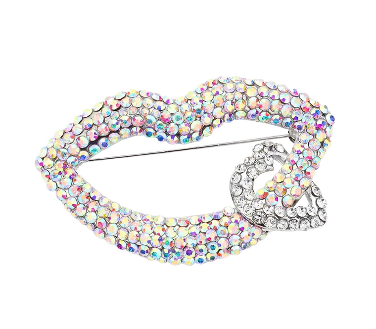 Kiss & Sparkle Rhinestone Lip Heart Brooch - AB Silver