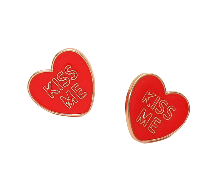 Kiss Me Enamel Heart Stud Earrings - Red