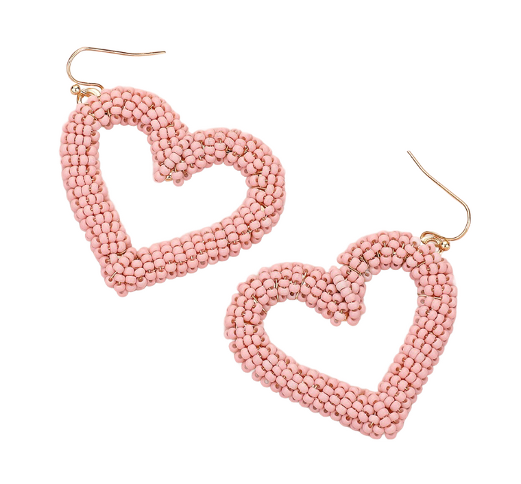 Beaded Heart Seed Beaded Earrings - Light Pink