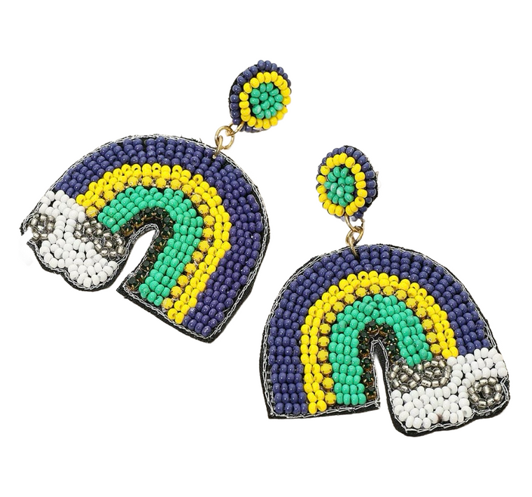 Color Burst Mardi Gras Seed Beaded Rainbow Dangle Earrings - Multi