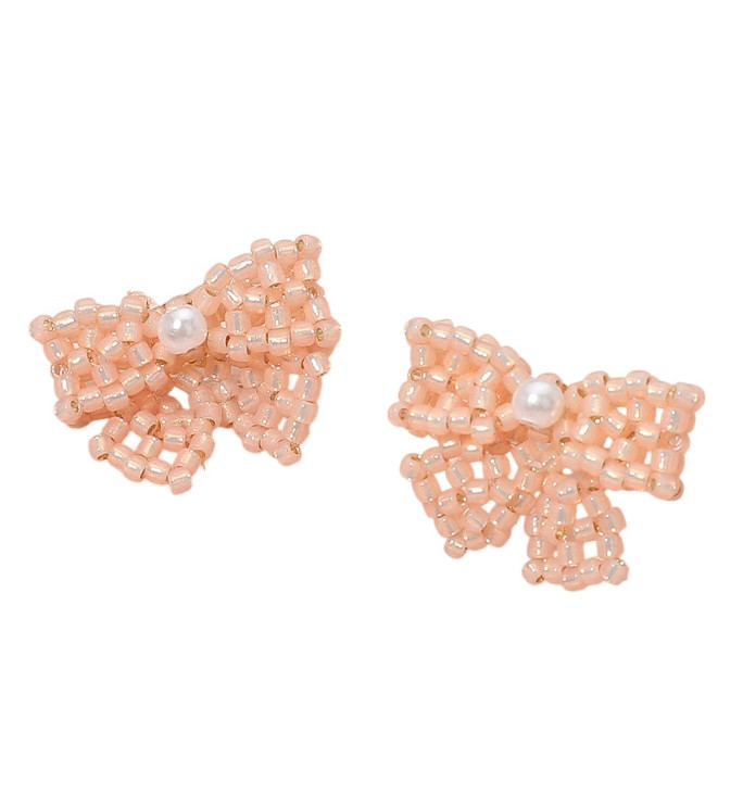 Delicate Bow Seed Beaded Stud Earrings - Light Pink