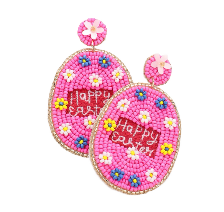 Festive Egg Happy Easter Message Seed Beaded Earrings - Pink
