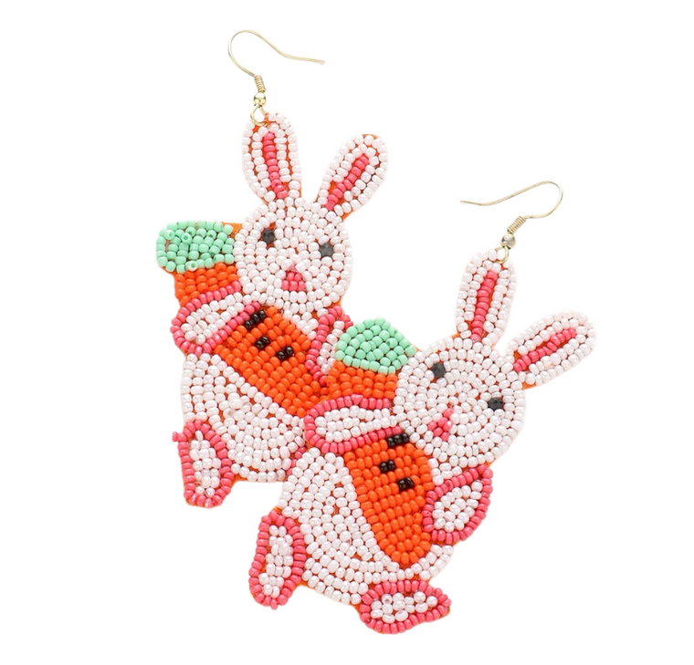 Bunny Harvest Seed Beaded Easter Carrot Bunny Earrings - Multi
